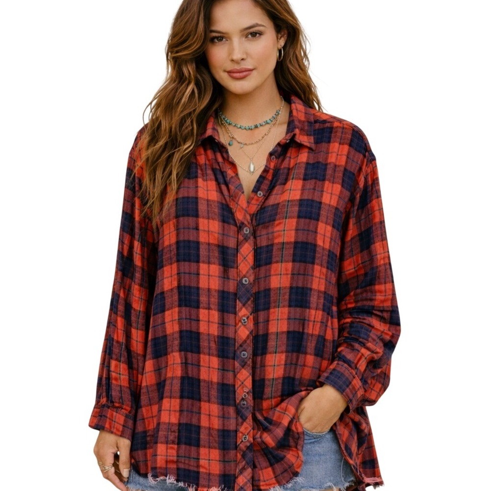 Free People Lila‎ Plaid Oversized Gauze Shirt Women S Orange Navy Boho Cowgirl